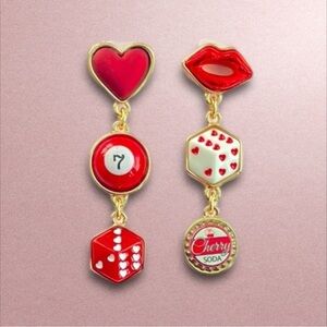 Betsey Johnson Red & Gold Earrings Pop Top pool Ball Lips Heart Dice